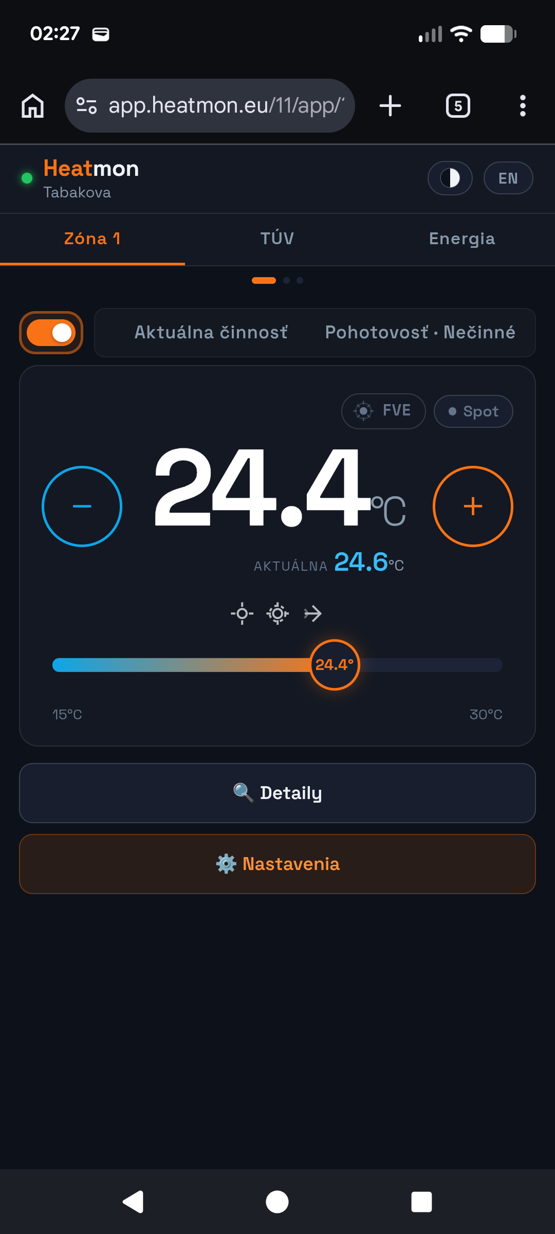 Heatmon aplikácia — Zóna kúrenia